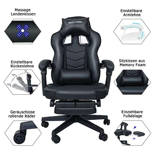 Chaise Gaming Ergonomique avec Repose-Pieds et Système de Soutien Lombaire Noir