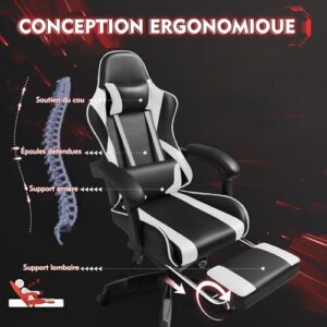 Chaise Gaming Frixovel Réglable avec Repose-Pieds Télescopique Noir et Blanc