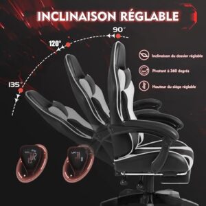 Chaise Gaming Frixovel Réglable avec Repose-Pieds Télescopique Noir et Blanc