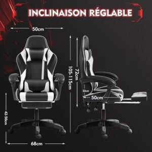 Chaise Gaming Frixovel Réglable avec Repose-Pieds Télescopique Noir et Blanc