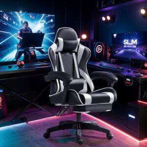 Chaise Gaming Frixovel Réglable avec Repose-Pieds Télescopique Noir et Blanc