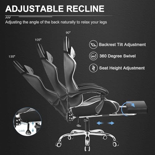 Chaise Gaming GTPLAYER avec Massage Lombaire et Repose-Pieds Rétractable, 150 kg