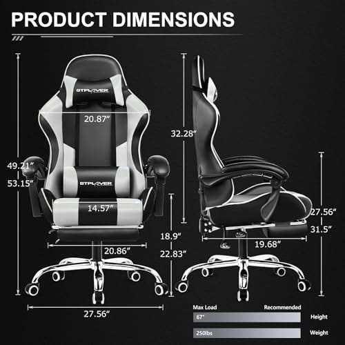 Chaise Gaming GTPLAYER avec Massage Lombaire et Repose-Pieds Rétractable, 150 kg
