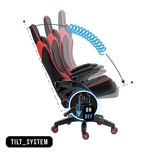 Chaise Gaming KRAKEN CHAIRS Ergonomique Réglable Noir-Rouge avec Accoudoirs et Coussin Lombaire