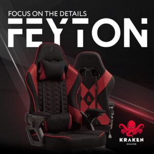 Chaise Gaming KRAKEN CHAIRS Ergonomique Réglable Noir-Rouge avec Accoudoirs et Coussin Lombaire