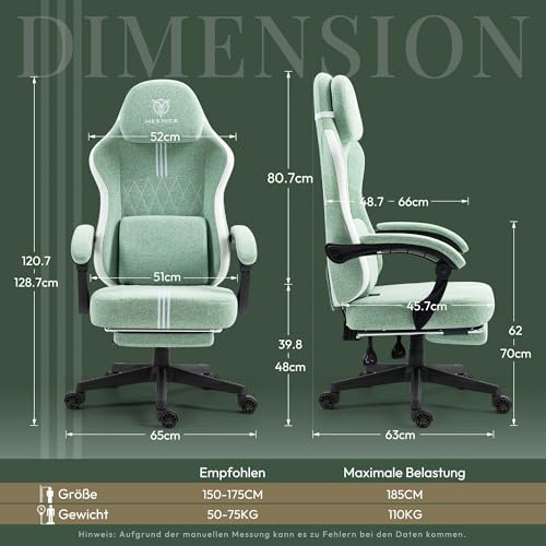 Chaise Gaming MEENICE Ergonomique avec Réglage, Repose-Pieds et Coussin Gel Vert