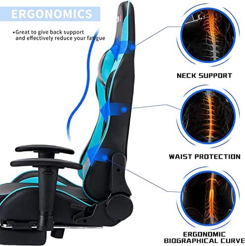 Chaise Gaming Massante ALEAVIC Ergonomique avec Repose-Pieds en PU Cuir Bleu