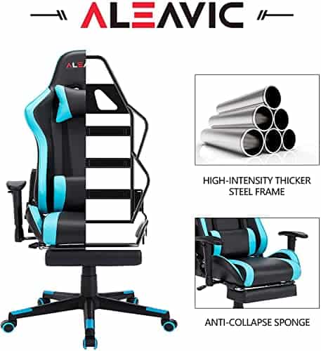 Chaise Gaming Massante ALEAVIC Ergonomique avec Repose-Pieds en PU Cuir Bleu