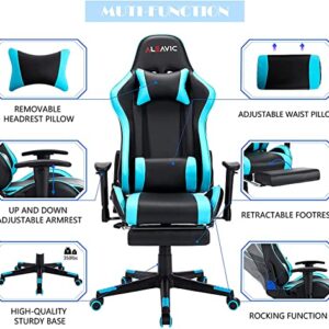 Chaise Gaming Massante ALEAVIC Ergonomique avec Repose-Pieds en PU Cuir Bleu