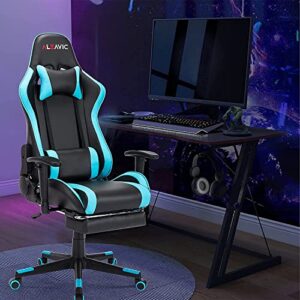 Chaise Gaming Massante ALEAVIC Ergonomique avec Repose-Pieds en PU Cuir Bleu