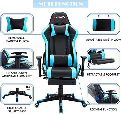 Chaise Gaming Massante ALEAVIC Ergonomique avec Repose-Pieds en PU Cuir Bleu