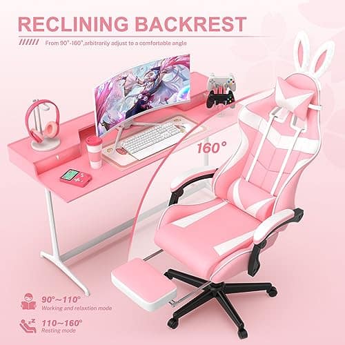 Chaise Gaming Massante Soontrans Ergonomique avec Repose-Pied et Support Lombaire (Rose)