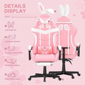 Chaise Gaming Massante Soontrans Ergonomique avec Repose-Pied et Support Lombaire (Rose)