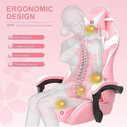 Chaise Gaming Massante Soontrans Ergonomique avec Repose-Pied et Support Lombaire (Rose)