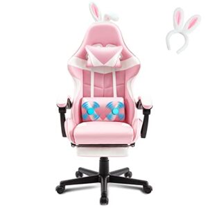 Chaise Gaming Massante Soontrans Ergonomique avec Repose-Pied et Support Lombaire (Rose)