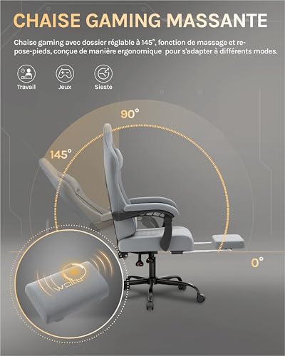 Chaise Gaming Massante WOLTU GS08gr – Ergonomique, Repose-Pieds, Charge 150kg