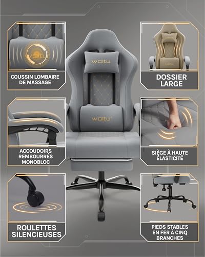 Chaise Gaming Massante WOLTU GS08gr – Ergonomique, Repose-Pieds, Charge 150kg