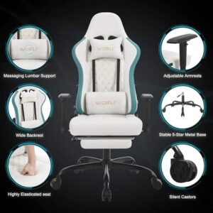 Chaise Gaming Massante WOLTU GS09bws avec Coussin Lombaire et Repose-Pieds