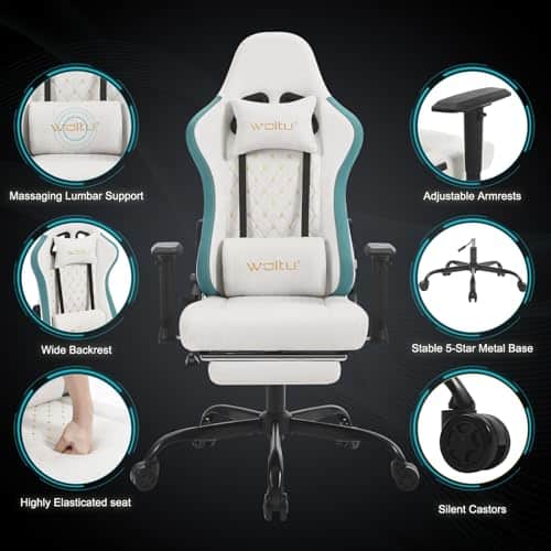 Chaise Gaming Massante WOLTU GS09bws avec Coussin Lombaire et Repose-Pieds