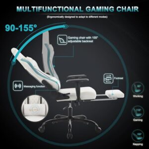 Chaise Gaming Massante WOLTU GS09bws avec Coussin Lombaire et Repose-Pieds