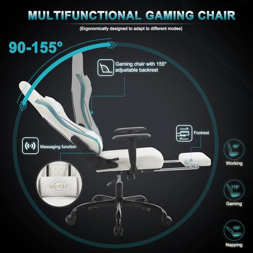 Chaise Gaming Massante WOLTU GS09bws avec Coussin Lombaire et Repose-Pieds