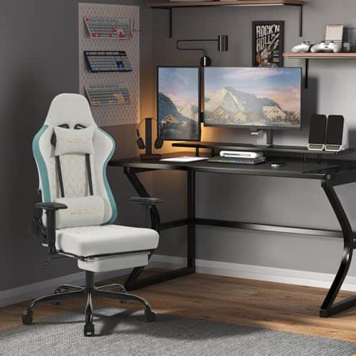 Chaise Gaming Massante WOLTU GS09bws avec Coussin Lombaire et Repose-Pieds