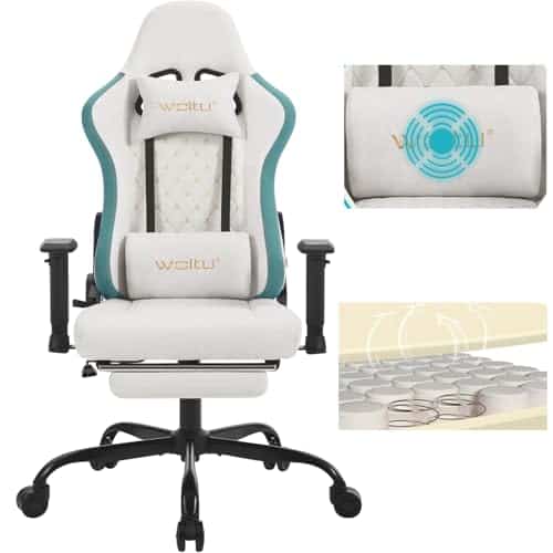 Chaise Gaming Massante WOLTU GS09bws avec Coussin Lombaire et Repose-Pieds