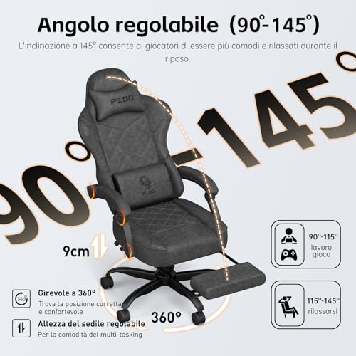 Chaise Gaming PZDO Ergonomique Noir avec Repose-Pieds et Tissu High-Tech