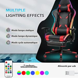 Chaise Gaming RELAX4LIFE LED Télécommandée, Dossier Inclinable et Accoudoirs Réglables – Rouge