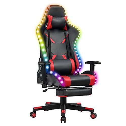Chaise Gaming RELAX4LIFE LED Télécommandée, Dossier Inclinable et Accoudoirs Réglables – Rouge