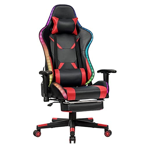 Chaise Gaming RELAX4LIFE LED Télécommandée, Dossier Inclinable et Accoudoirs Réglables – Rouge