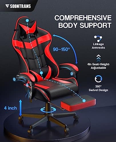 Chaise Gaming Racing Massante avec Soutien Lombaire et Appui-tête – Rouge