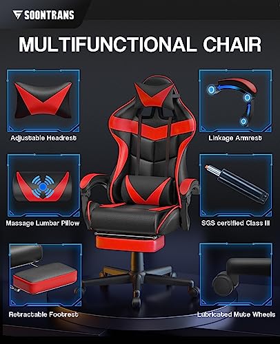 Chaise Gaming Racing Massante avec Soutien Lombaire et Appui-tête – Rouge