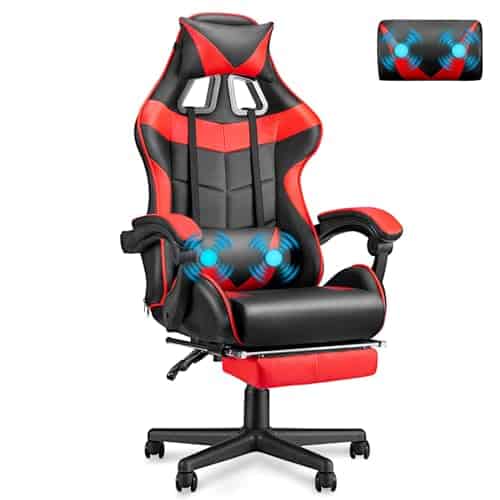 Chaise Gaming Racing Massante avec Soutien Lombaire et Appui-tête – Rouge