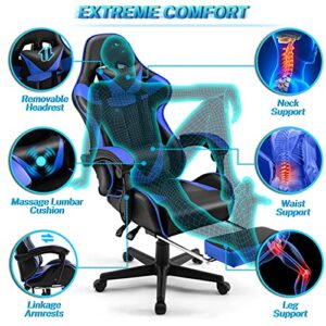 Chaise Gaming Soontrans Ergonomique avec Massage et Repose-pied – Bleu