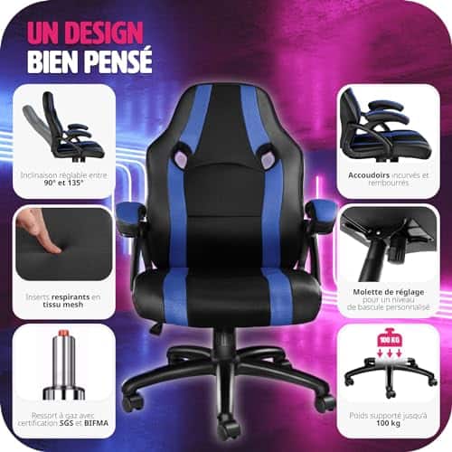 Chaise Gaming TecTake® Ergonomique avec Accoudoirs, Hauteur Réglable et Pivotante
