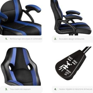 Chaise Gaming TecTake® Ergonomique avec Accoudoirs, Hauteur Réglable et Pivotante