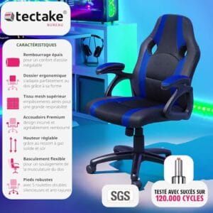 Chaise Gaming TecTake® Ergonomique avec Accoudoirs, Hauteur Réglable et Pivotante