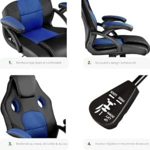 Chaise Gaming TecTake® Ergonomique avec Accoudoirs et Hauteur Réglable