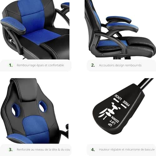 Chaise Gaming TecTake® Ergonomique avec Accoudoirs et Hauteur Réglable