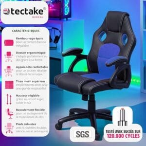 Chaise Gaming TecTake® Ergonomique avec Accoudoirs et Hauteur Réglable