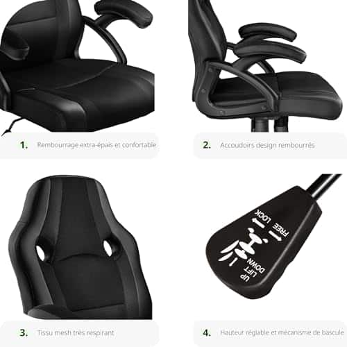 Chaise Gaming TecTake® Ergonomique avec Accoudoirs et Hauteur Réglable