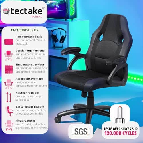 Chaise Gaming TecTake® Ergonomique avec Accoudoirs et Hauteur Réglable