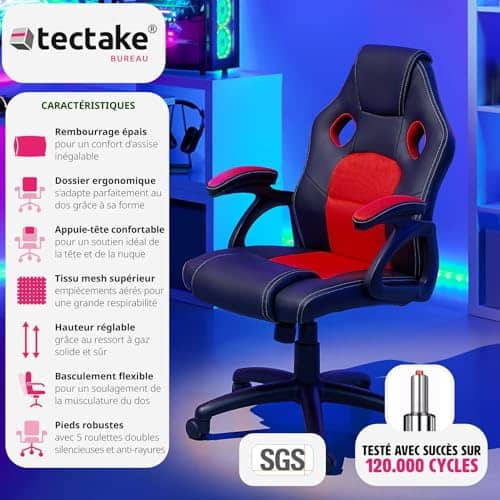 Chaise Gaming TecTake® Ergonomique avec Accoudoirs et Hauteur Réglable