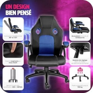 Chaise Gaming TecTake® Ergonomique avec Accoudoirs et Hauteur Réglable