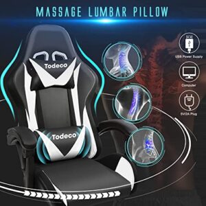 Chaise Gaming Todeco Ergonomique avec Massage, LED et Dossier Haut, Blanc
