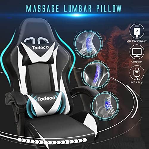 Chaise Gaming Todeco Ergonomique avec Massage, LED et Dossier Haut, Blanc