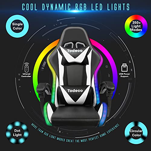 Chaise Gaming Todeco Ergonomique avec Massage, LED et Dossier Haut, Blanc