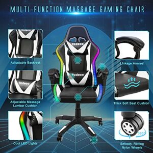 Chaise Gaming Todeco Ergonomique avec Massage, LED et Dossier Haut, Blanc