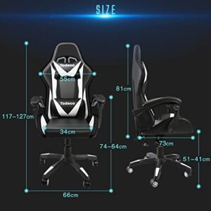 Chaise Gaming Todeco Ergonomique avec Massage, LED et Dossier Haut, Blanc